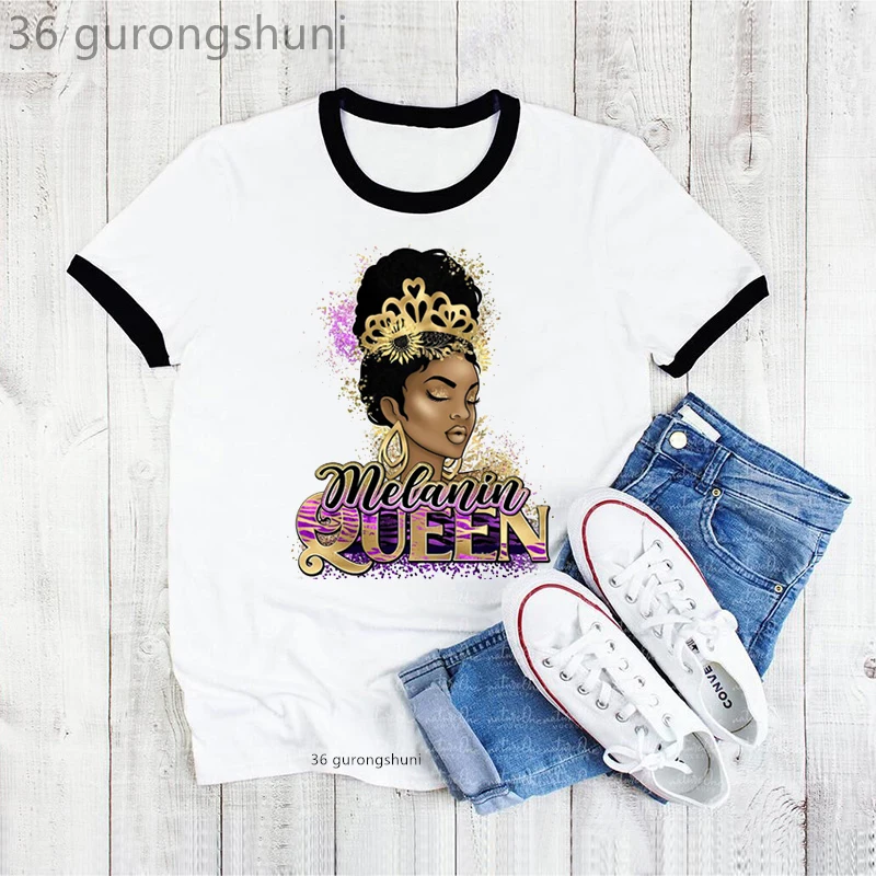 2022 Summer Fashion Golden Melanin Queen Graphic Print Tshirt Women Black Girl Magic Makeup T Shirt Femme Harajuku Shirt Tops