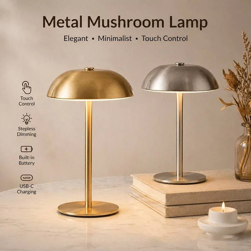 Cute Mushroom Table Lamp, Touch Control 3 Colors Dimmable, Cordless Rechargeable LED Bedside Lamp for Home Decor Gift