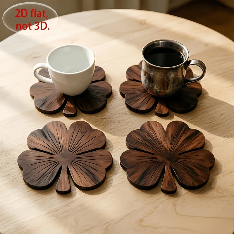 4Pcs 2D Flat Clover Wooden Coasters, Walnut‑Tone Desktop Protector Set for Coffee Tea Drinking Cups - view 6