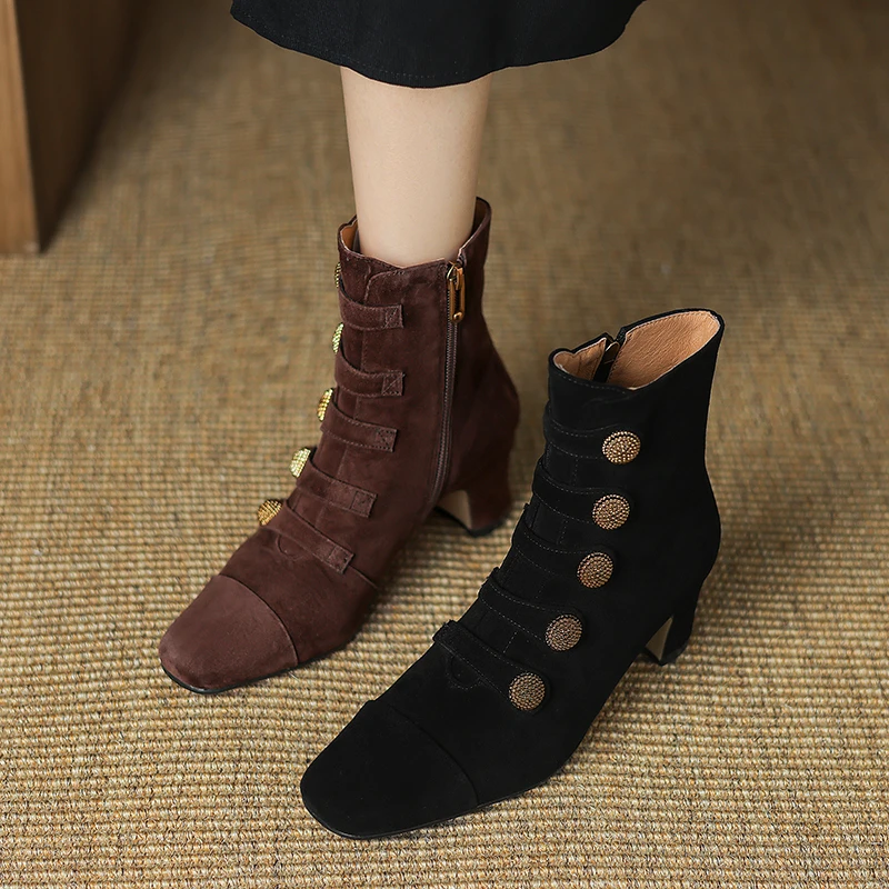 2026 new autumn winter women ankle boots natural leather 22-24.5cm kid suede+pigskin/plush round toe high heel women short boots