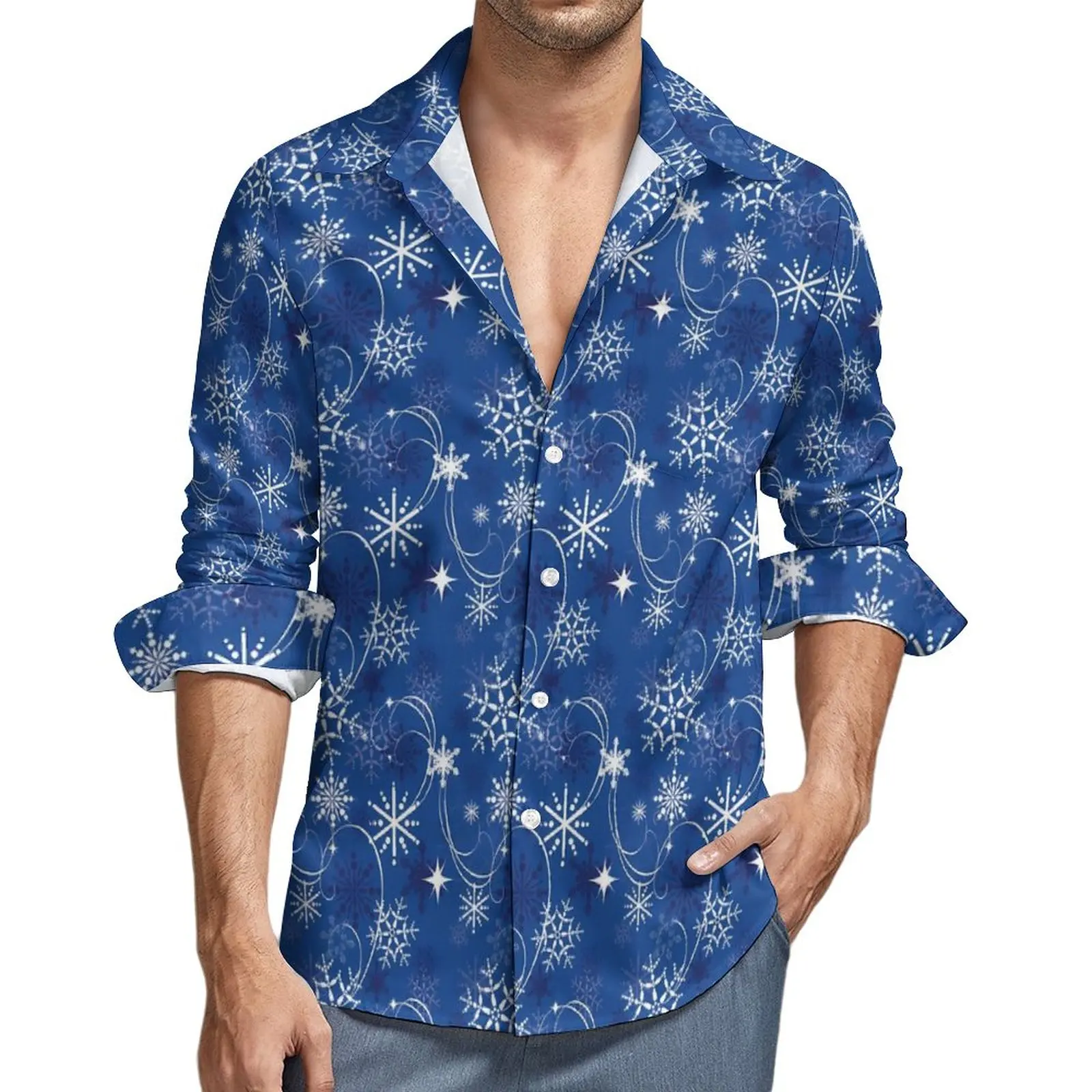 Floco de neve brilho camisa primavera azul e branco camisas casuais dos homens blusa vintage manga longa personalizado harajuku roupas plus size