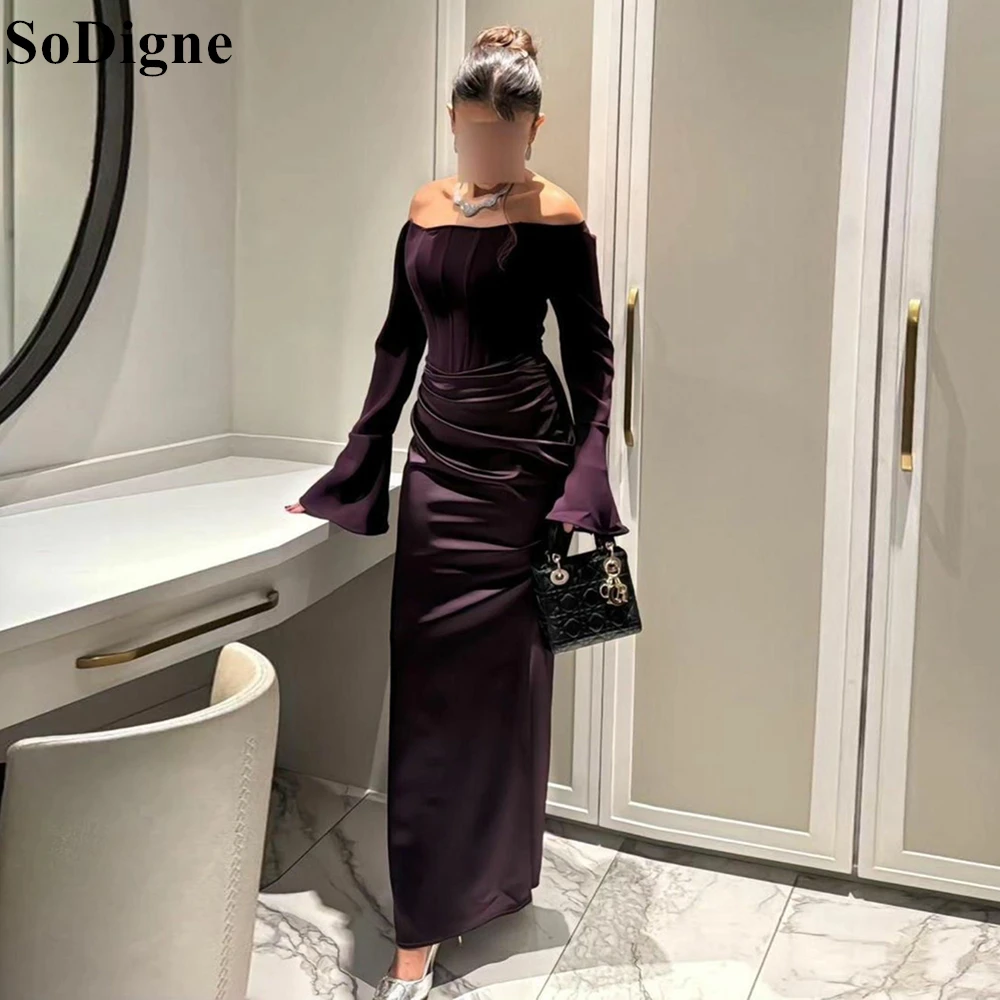 SoDigne Dark Purple Satin Evening Dresses Off Shoulder Draped Long Sleeves Ankle Length Party Dress 2024 Prom Gowns Customized