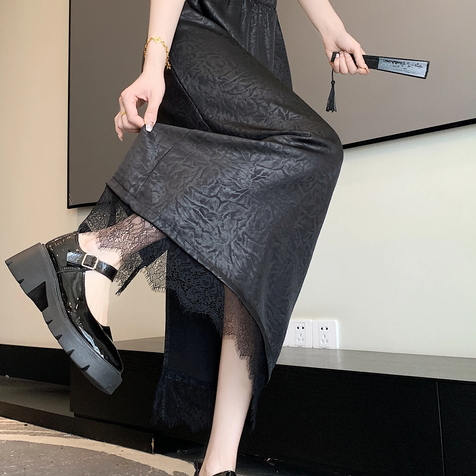 GAODINGLAN Light Thin Satin Surface Tassels Women Skirts Summer Versatile A Line Long Skirt Female High Waist Skirt Temperament