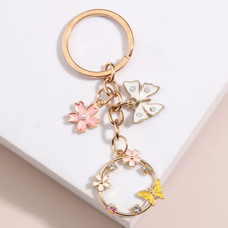 Cute Enamel Keychain Butterfly Sakura Flower Key Ring Garden Key Chains Friendship Gifts For Women Girls DIY Handmade Jewelry