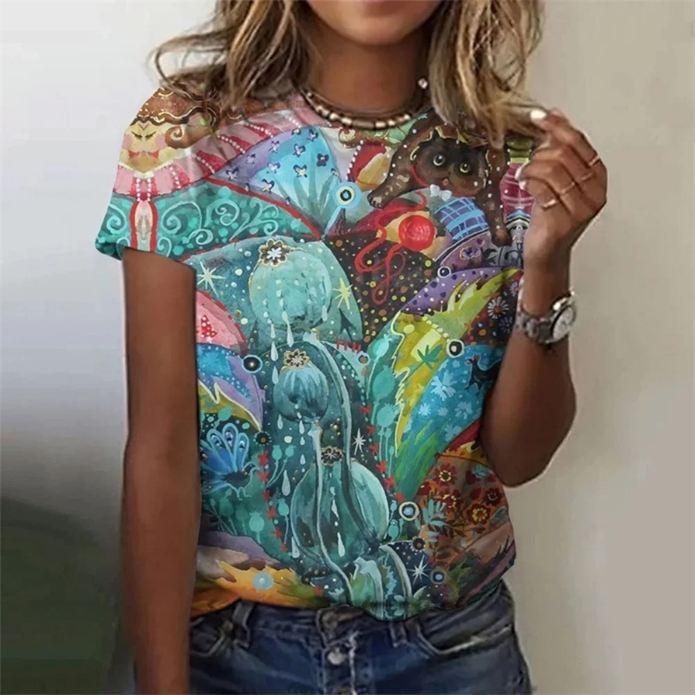 3D Printed Colorful Deer T Shirt For Women Abstract Geometry Graphic Short Sleeves Summer Street O-Neck Tees Tops Loose T-Shirts