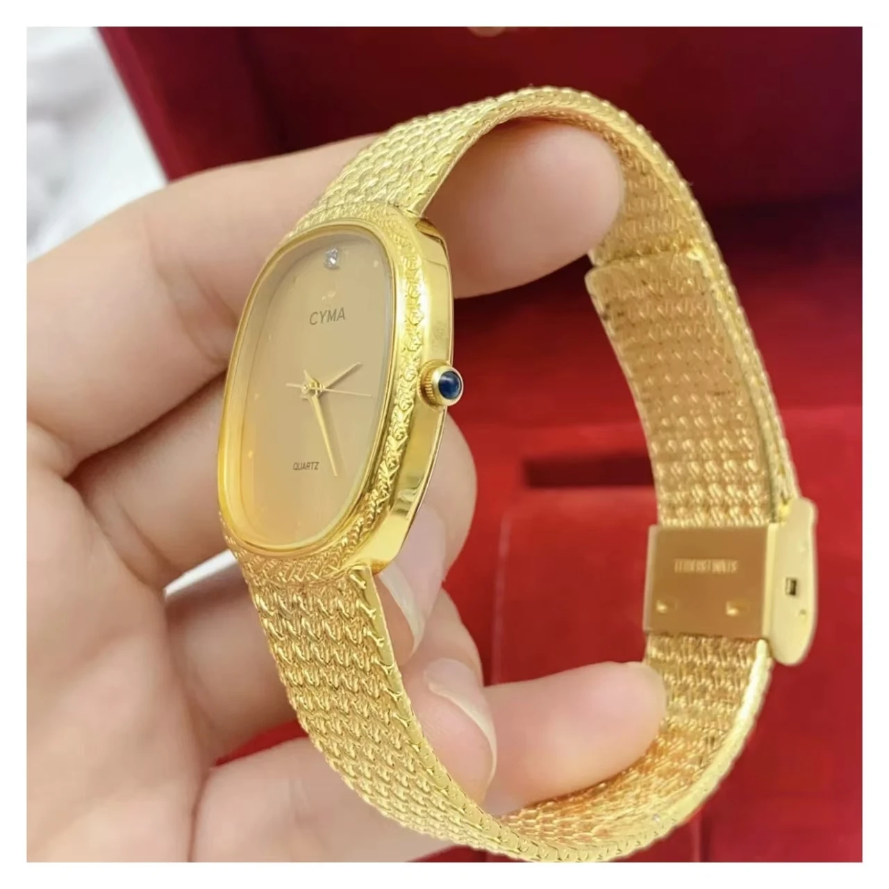 Reloj unisex retro de cuarzo con cadena tejida de diamantes chapada en oro, cyma, neutro