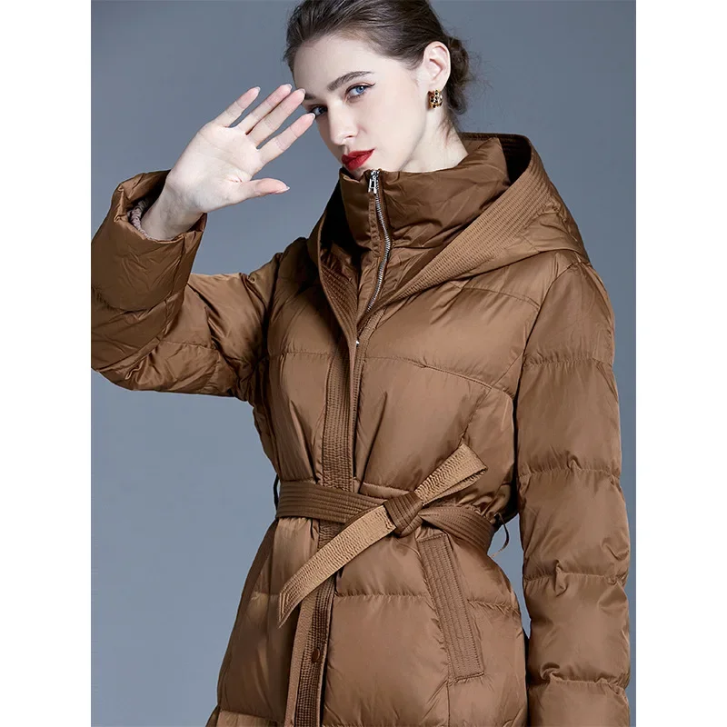 Autumn and Winter New White Duck Down for Women Mid To Long Style, Waist Cinched Hood Thickened Warm Jacket