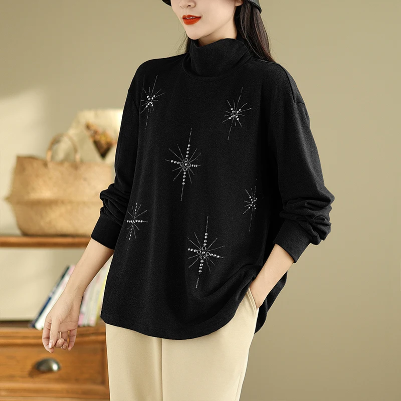 Rhinestone T-shirt for Women Winter Fall Fashion Turtleneck Long Sleeve Sanding Warm Basic Tees Female Good Quality Casual Tops