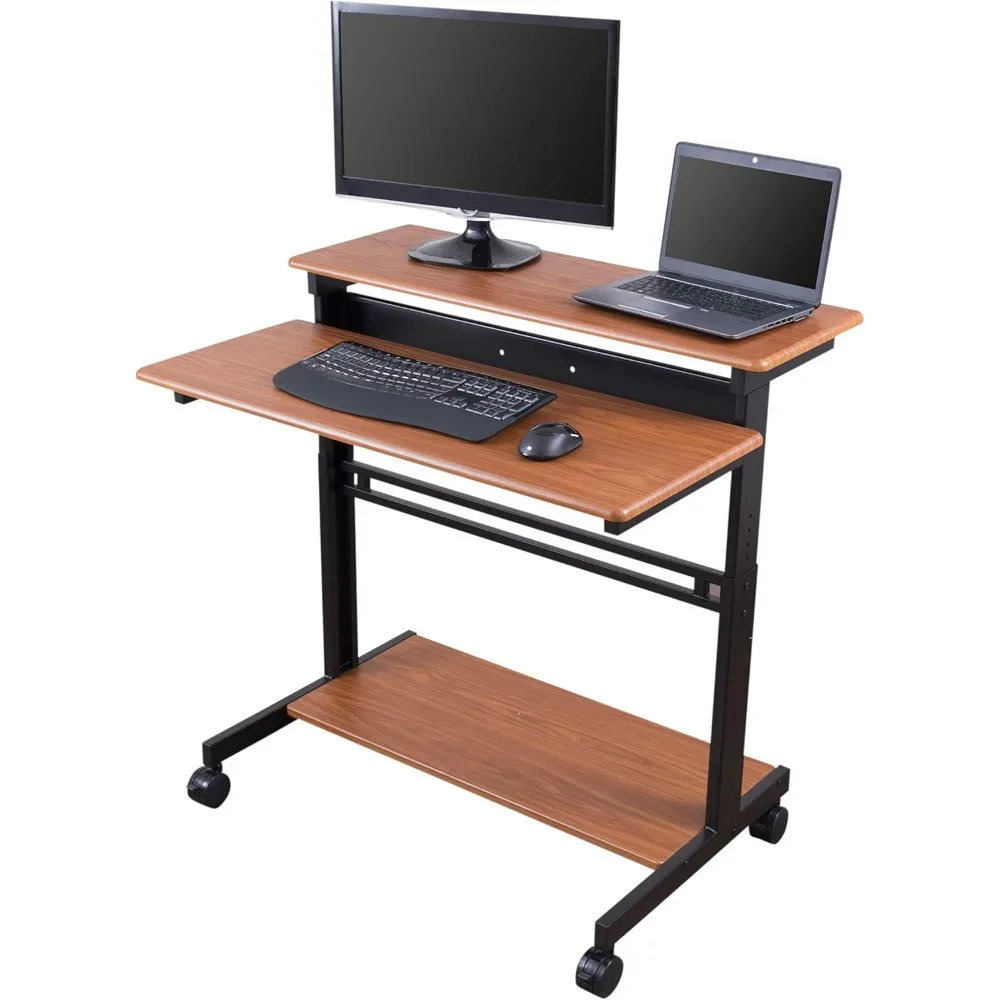 

Stand Up Desk Store Rolling Adjustable Height Two Tier Standing Desk Computer Workstation (Black Frame/Teak Top, 40" Wide)