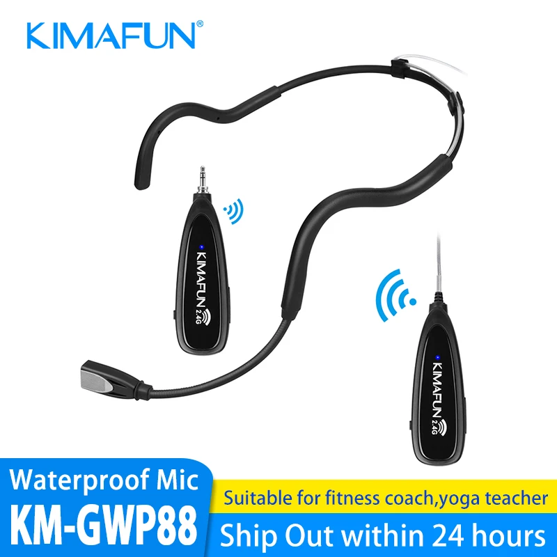 KIMAFUN 2.4G Wireless Headset Waterproof Microphone System with Transmitter and 3.5mm Receiver,Perfect for Fitness Yoga Coaches