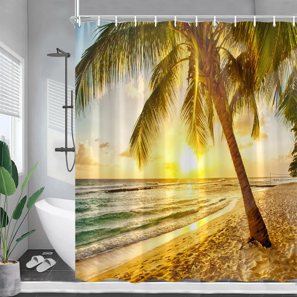 

Dusk Ocean Shower Curtains Sea Beach Coconut Trees Sunset Nature Landscape Bathroom Curtain Decor with Hooks Garden Wall Hanging