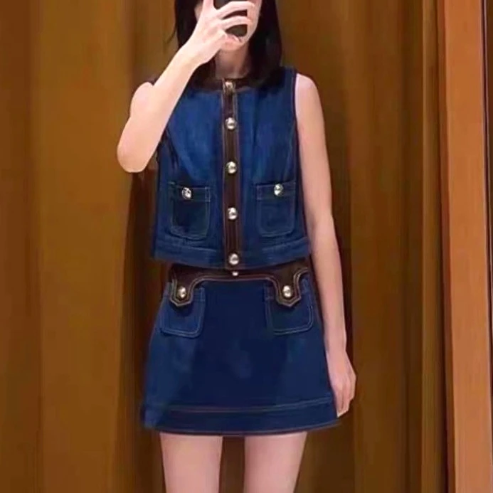 Women's casual denim two-piece suit with patchwork round neck sleeveless vest or slim pocket skirt