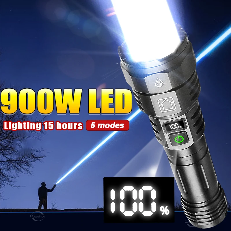 Most Powerful 900W Flashlight High Power Led Flashlights Rechargeable Tactical Torch Long Range 4000M Hand Lamp Camping Lantern