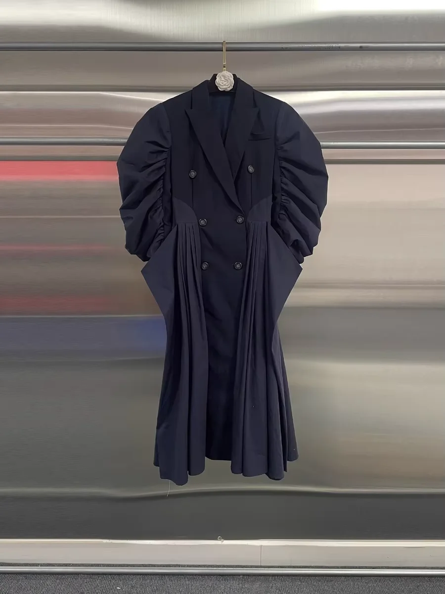 معطف VGH بتصميم عصري عتيق للنساء مع طية صدر السترة وأكمام منتفخة ومقسمة مزدوجة الصدر باللون الأزرق الداكن بطول ميدي سترات نسائية للخريف #3