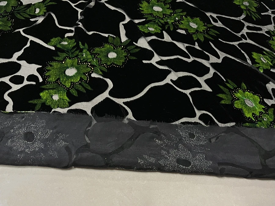 Real Silk Velvet Clothing Fabric Black Geometric Yellow Green Flower Gilding Hollow Cheongsam