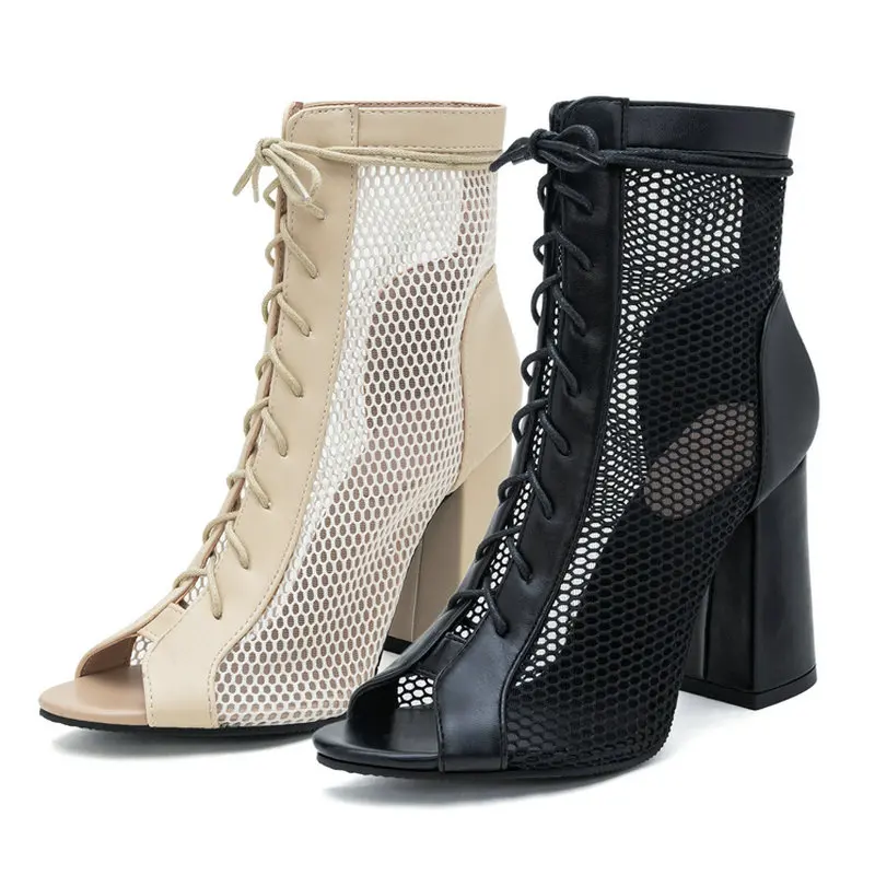 2025 nouveau été femmes bottines Peep orteil carré talon haut dames bottes courtes en cuir PU maille croix attaché robe femmes chaussures