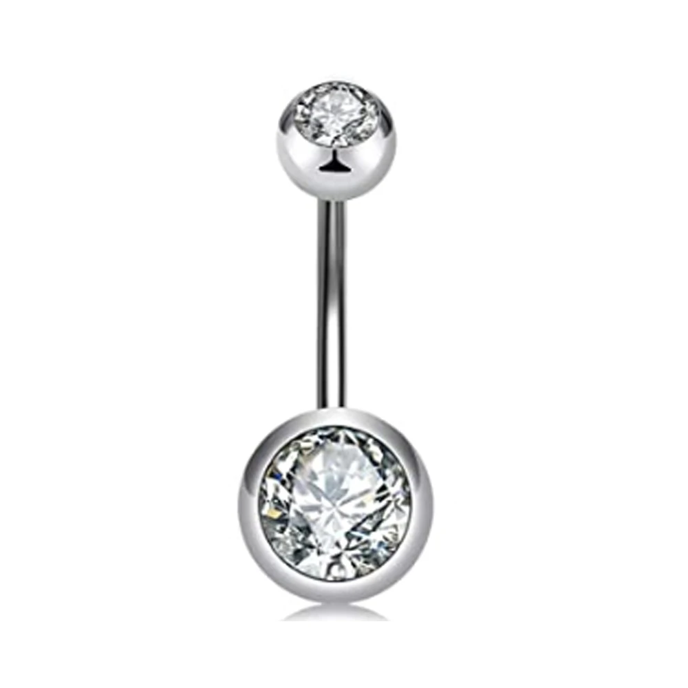 WKOUD 4Pcs Sexy Dangling Navel Belly Button Ring 14G Double Round Cubic Zirconia 316L Surgical Steel Belly Piercing Jewelry