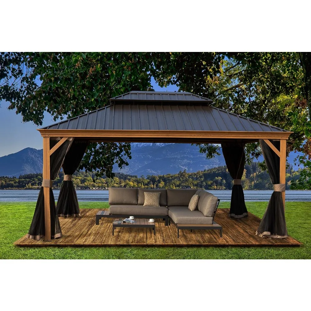 Hardtop Gazebo, Wooden Coated Aluminum Frame Canopy with Galvanized Steel Double Roof, Outdoor Permanent Metal Pavilion