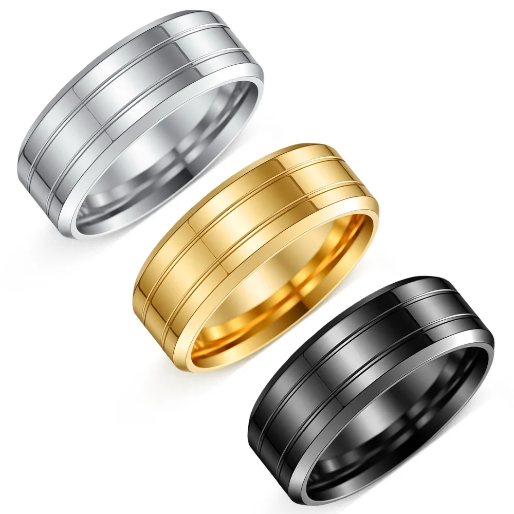Breiter, flacher Rand, Edelstahlring, doppelter Rillen-Linearband für Herren, moderner, minimalistischer, polierter Schmuck, Ring in Goldfarbe. – Detail 5