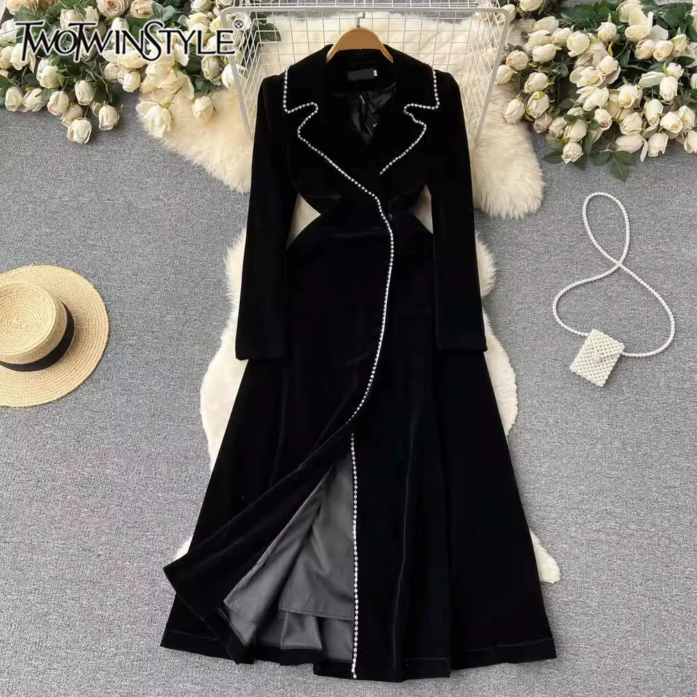 TWOTWINSTYLE Loose Temperament A Line Dress For Women Notched Collar Long Sleeve High Waist Casual Dresses Female New KDR513136