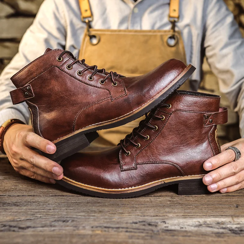 

Мужские ботинки высокого качества, мужские кожаные ботильоны на шнуровке в стиле ретро, уличная мужская повседневная рабочая обувь с высоким берцем