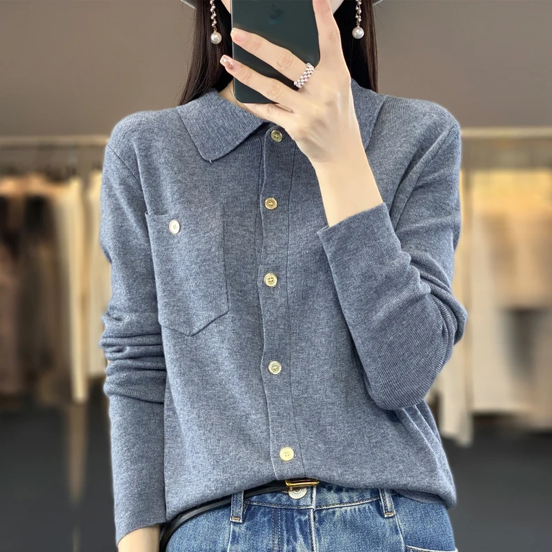 Women's Cardigan With Pocket Spring And Summer New Lapel Shirt Fine Imitation Wool Sweater High Street Coat Top Long Sleeves