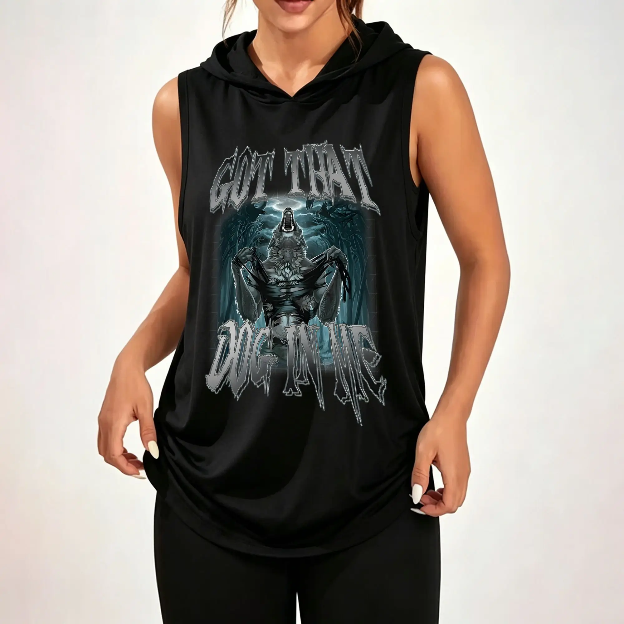 Women's Sleeveless Hoodie, Got That Dog In Me Gothic Wolf Break Tear Cloth Graphic Print Casual Hooded Tank Top