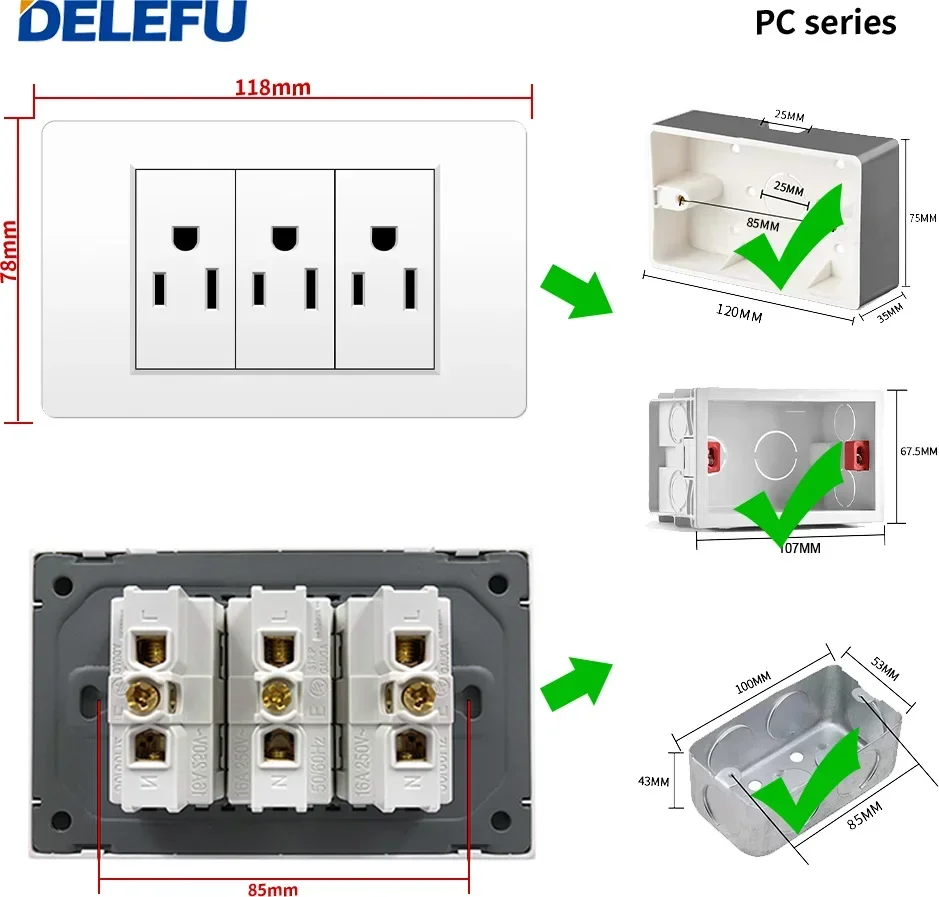 DELEFU White Flame retardant PC panel Mexico Standard Type C America Outlet Plug 118*72mm Wall Socket Light Switch Fast Charge