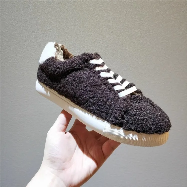 Fashion Faux Curly Wool Fur Lace-Up Flats Causal Shoes Back Mixed Color Full Fur Sneakers Woman Comfortable Winter Flats Shoes