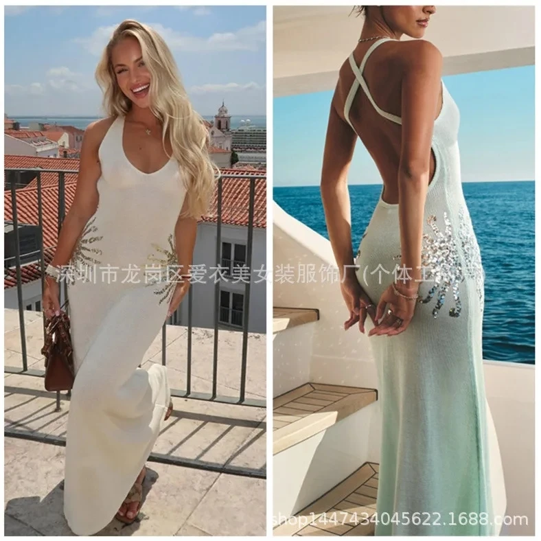 

2025 Summer New Backless Sequin Slim Sleeveless Long Dress Women Sexy Spaghetti Strap Gown Multi Color Options