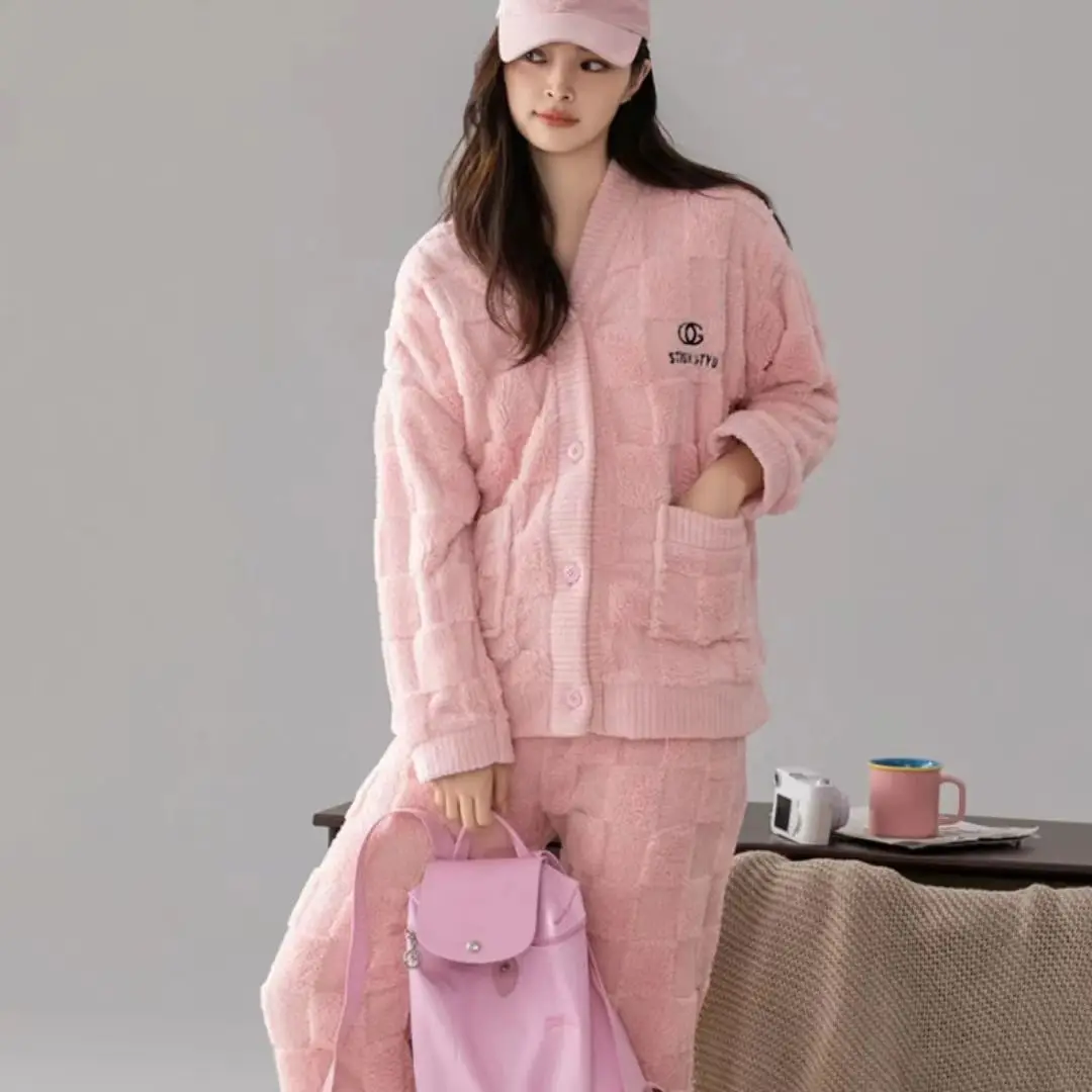 Sleepwear Women Button Cardigan Pajama Sets Long Sleeve Flannel Warm Autumn Winter Homewear Sets Kawaii Clothes Thick Loose