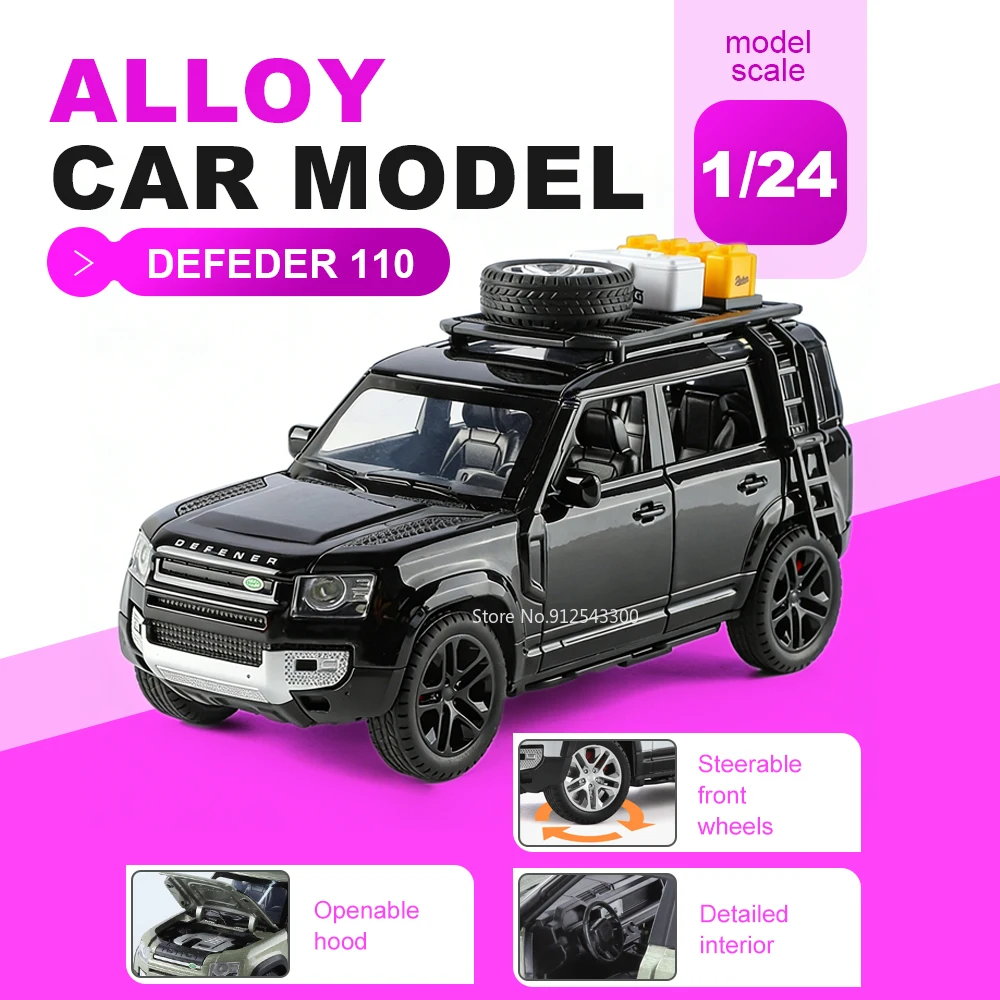 

1:24 Land Rover DEFENDER 110 RANGE ROVER SV Car Model Toy Sound Light Pull Back Vehicle Shock Absorption Cars Living Ornaments