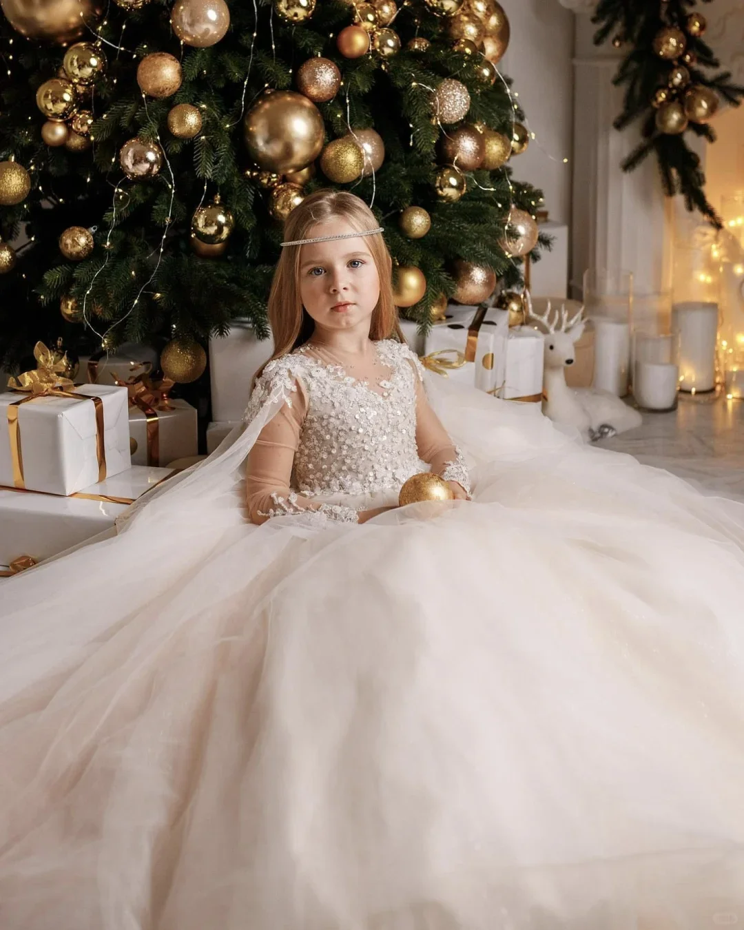 Elegante vestido de tul esponjoso con apliques de lentejuelas, manga completa, vestido de niña de flores para boda, vestido de fiesta de cumpleaños de primera comunión para niños