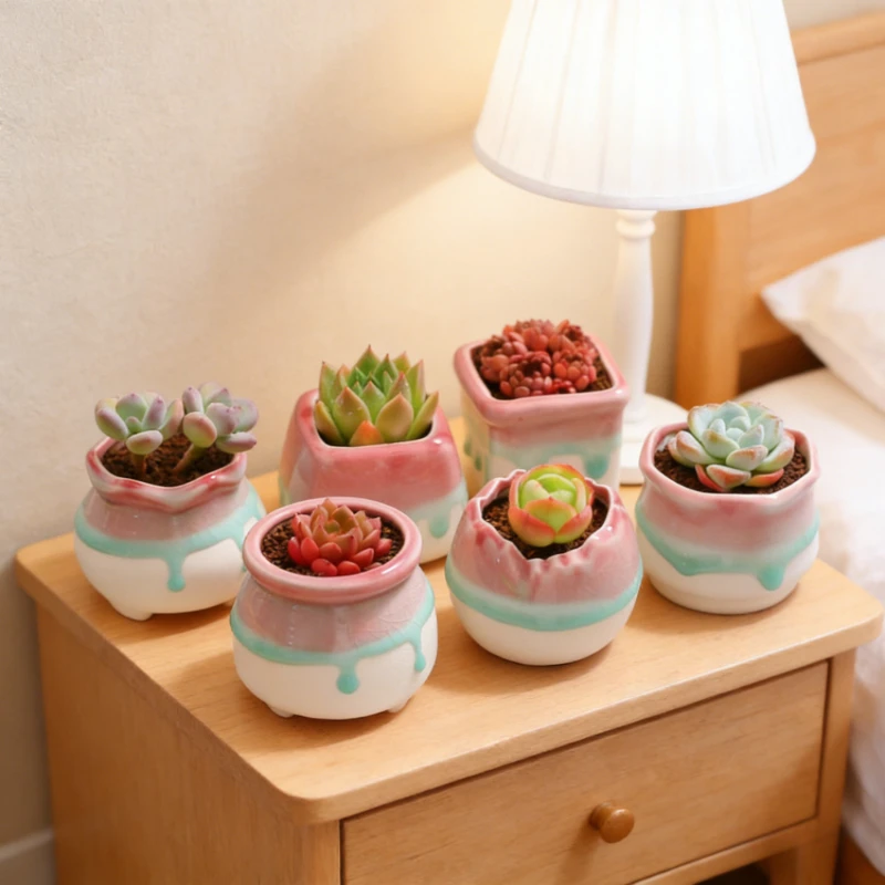 Crack Glaze Ceramic Succulent Pot Pastoral Style Simple Creative Candy Color Planter Delicate White Clay Flower Pot Decoration