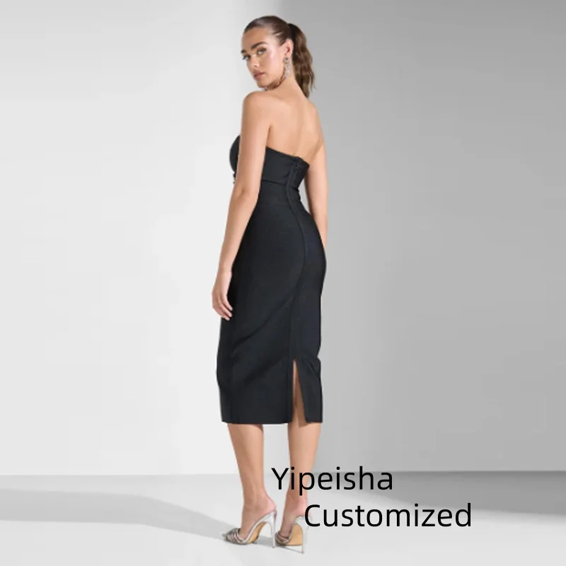 Customized Sexy Strapless Sleeveless Evening Dress Woman  Rhinestone Ball Gown Dress Rear Slit  Prom Dresses