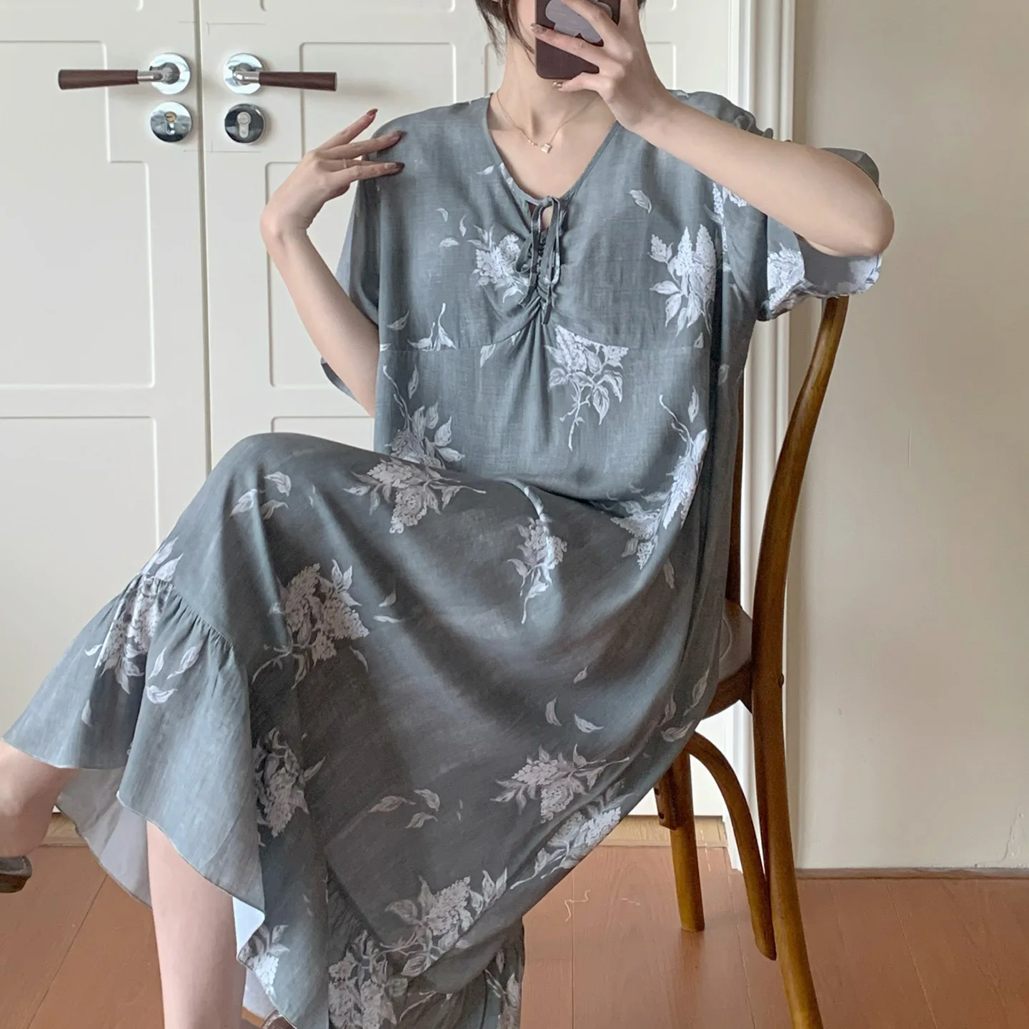 Chinese Version of the Girl Sweet Summer Nightgown Female Print Short Sleeve Loose Floral Sundress Home Dress