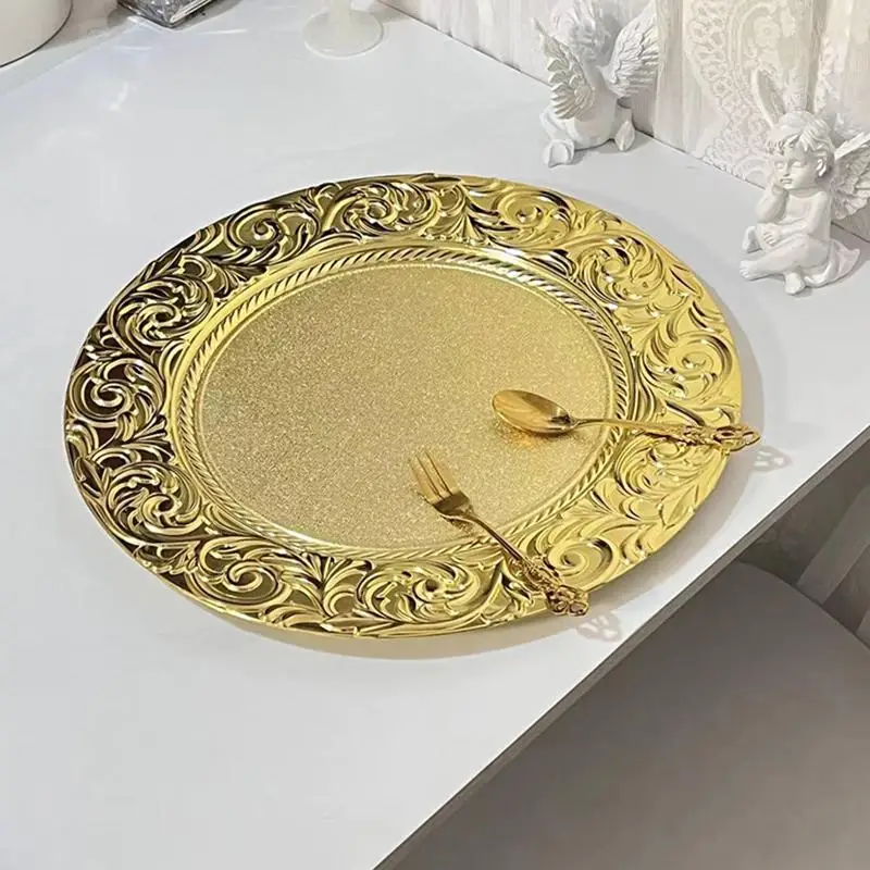 Gold Plastic Charger Plate Decorative Serving Tray for Wedding Christmas Banquet Party Dinner Elegant Table Decoration Supplies