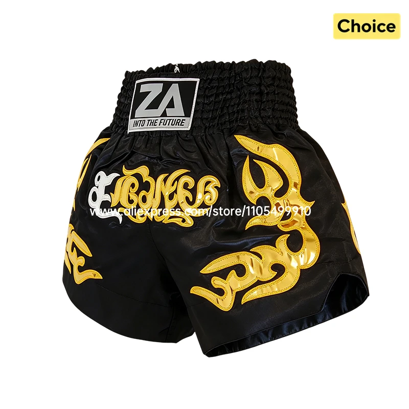 Muay Thai Shorts Thai-Boxshorts für Männer Frauen Kinder Schwarz Gold Stickerei MMA Kampfsport Kickboxen Cage Fight Trainingshosen