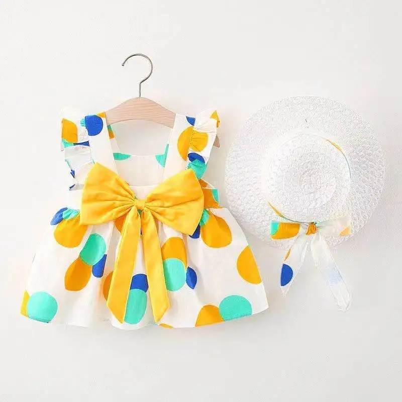 Summer Baby Girl's Dress Round Dot Print Chest Bow Casual Dress with Hat