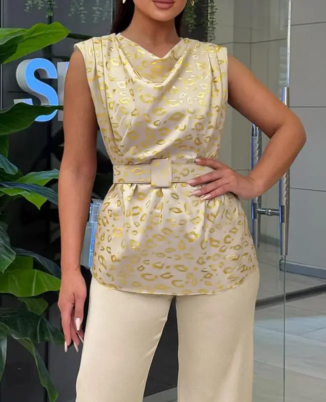 

New women's two-piece gold leopard print sleeveless vest and casual slim fit pants set for spring and summer 2025