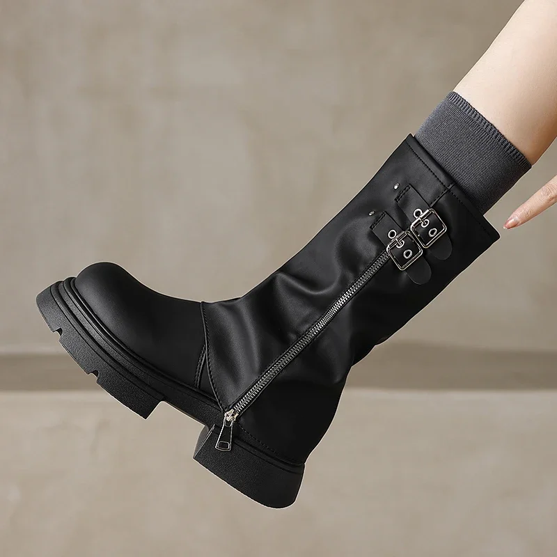 2024 Spring and Autumn Fashion Solid Color Round Toe Buckle Medium Heel Sleeve Zipper Thick Sole Women's Mid-calf Boots