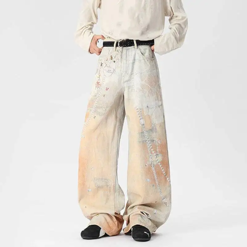 Digital Print Straight Men Jeans Contrast Color Male Denim Pants Summer New Stylish Baggy Menwear High Street  9W1IVM