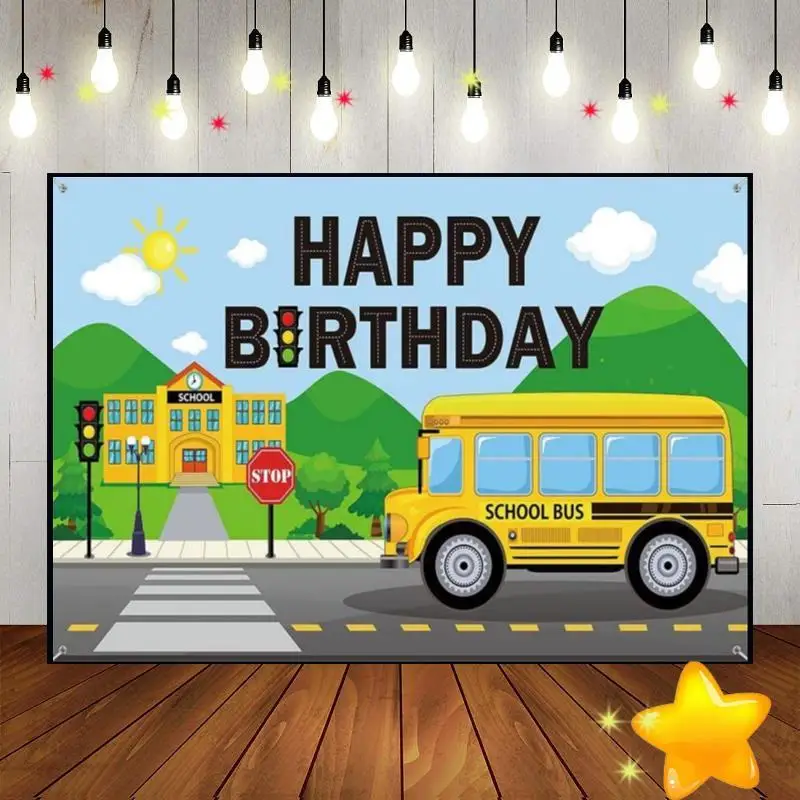 School Bus Yellow Wheels Bus Kindergarten Background Photo Surprise Baby Shower Decoration Custom Birthday Backdrop Freedom