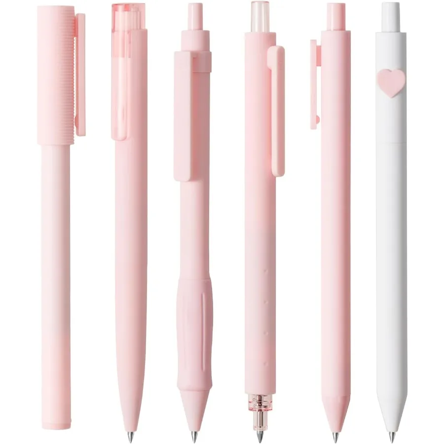 

6 Pieces Gel Pens Cute Stationery Jourling Note Taking Pens 0.5mm Fine Point BUCUO 6 Pcs Pink All Black Ink