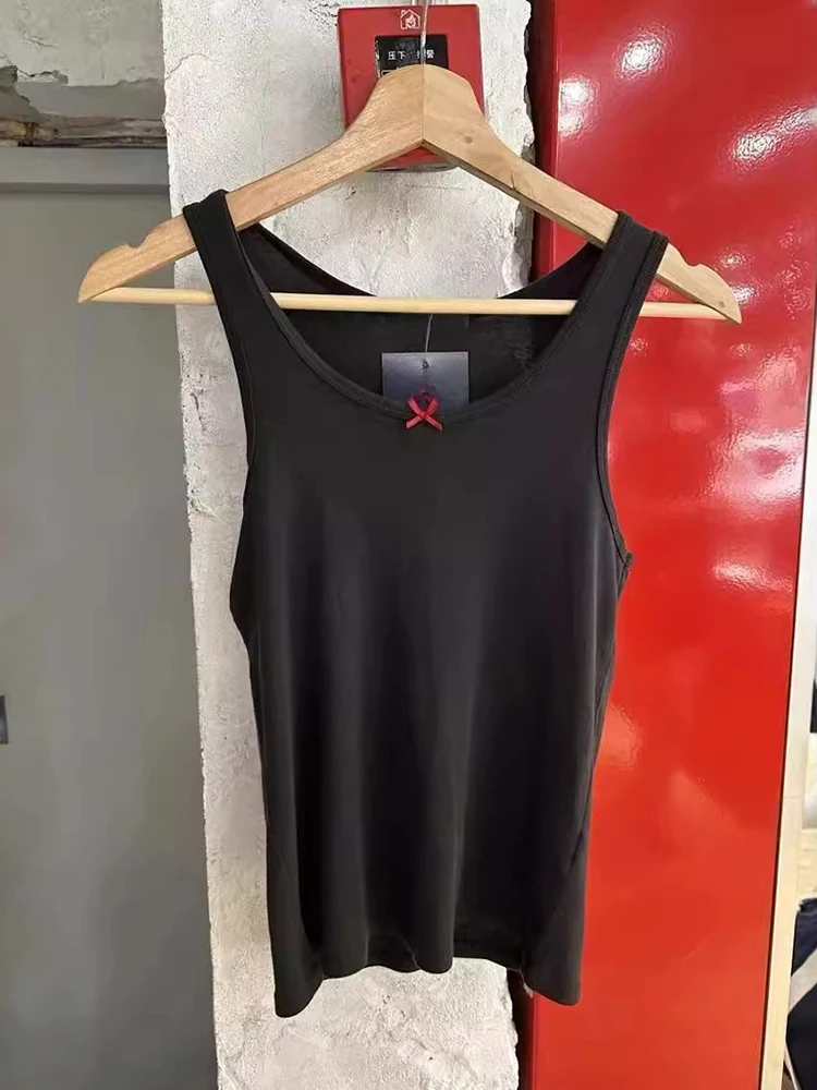 Red Bow U-neck Tank Top Woman Solid Color Sleeveless Casual Black Summer Camisole Cotton Basic Tight Female Vest Y2K Reto 2024