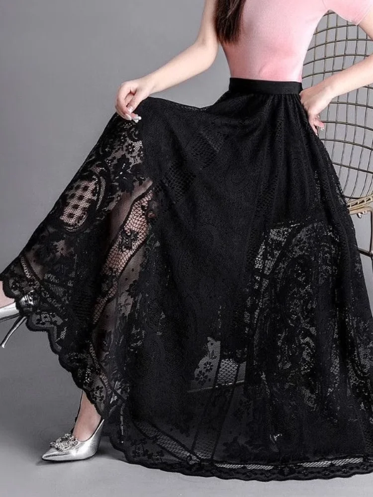 high-waist-lace-mesh-half-skirt-a-line-umbrella-skirt-knee-length-three-piece-set-slimming-flared-three-piece-set-for-all-sea