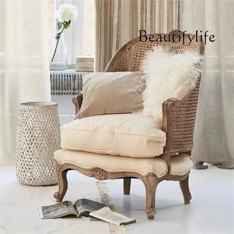 

Retro solid wood carving flower single rattan chair American old rattan tiger chair antique carving sofa chair