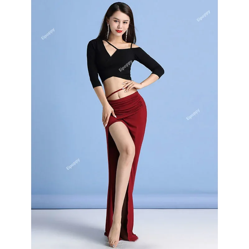 Zestaw do ćwiczeń tańca brzucha dla dorosłych kobiet, elegancki top, spódnica z rozcięciem, strój do tańca orientalnego, kostium sceniczny do tańca brzucha.