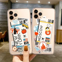 National Travel Air Ticket New York Los Angeles Moscow Phone Case for iPhone 15 16 13 12 11 14 Pro Max Mini 7 8 16Plus Cover Bag