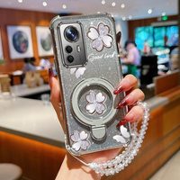 Crystal Strap Lanyard Glitter Silver clover Phone Holder Case For Xiaomi Mi 12 12s Pro 12x 13 14 14T 15 Pro Stand Back Cover